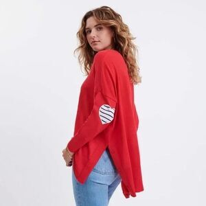 Mersea Amour Poppy Red Sweater Heart Elbow Patch Pullover Top One Size Relaxed